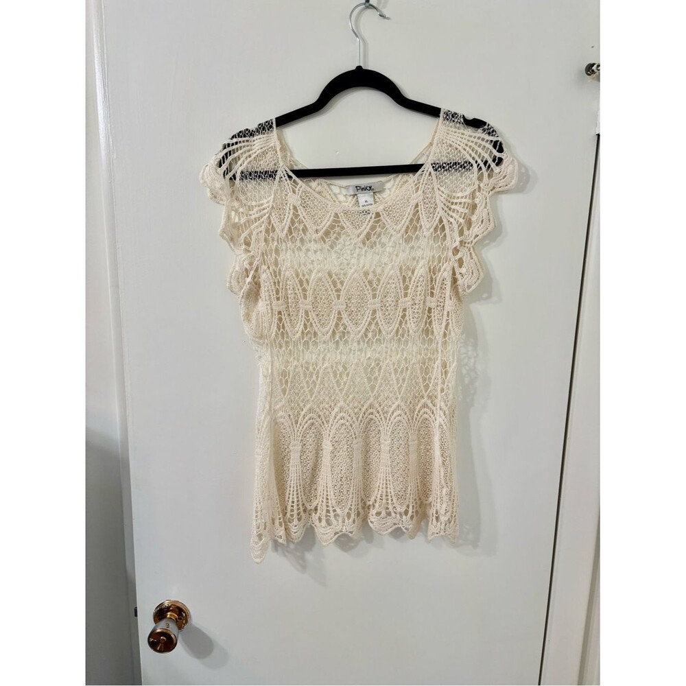 Pinky Solomon's Fisherman Knot Crochet XL Cream 100% Cotton Flutter Cap Pullover